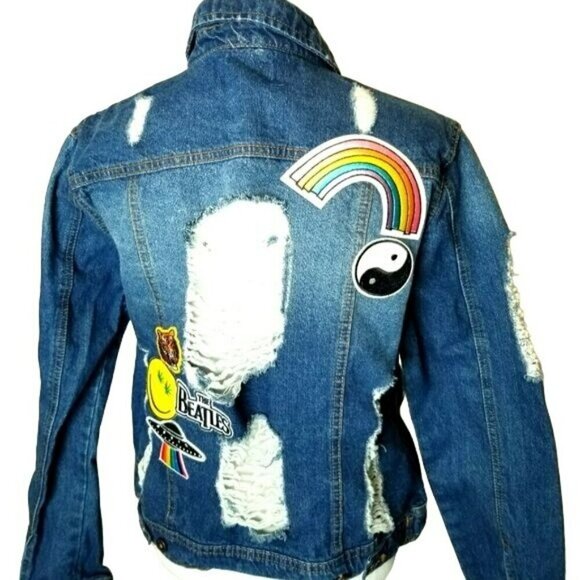 Blue Age denim jacket rainbow alien Jeans distressed Hippie boho Burning Man S/M - Picture 3 of 12